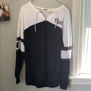 PINK lace up crew neck sweatshirt